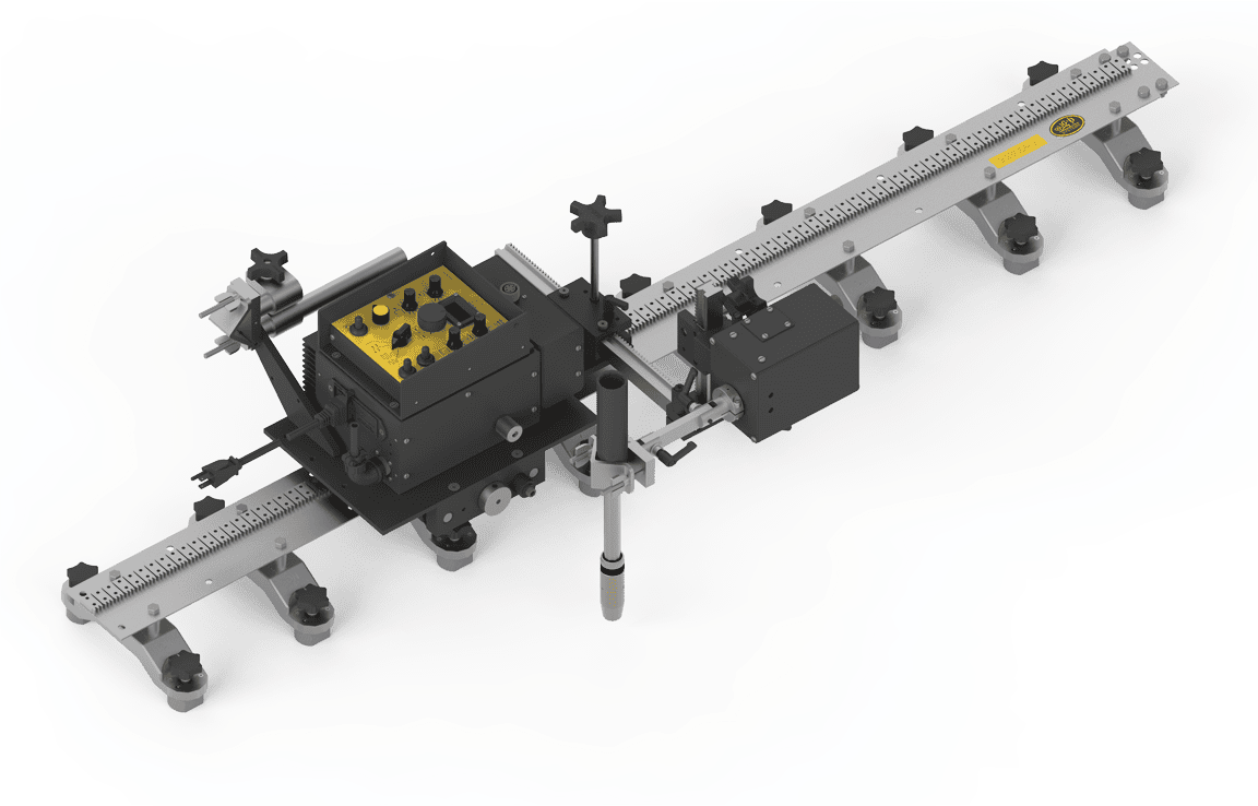 Bug-O MDS HI-FLEX PEND WEAVER KIT FMD-4300 welding kit with yellow control box, adjustable knobs, rail, and alignment tools.