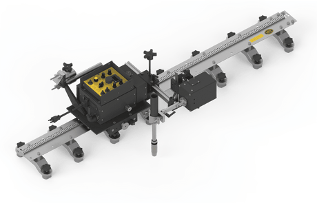 Bug-O MDS HI-FLEX PEND WEAVER KIT FMD-4300 welding kit with yellow control box, adjustable knobs, rail, and alignment tools.