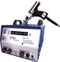 A blue and white ITW - LYNX Fusion 1000 (1/2” Capacity) Stud Welding System (1-IWT500055F) with buttons, knobs, a digital display, labeled ports for gun and gas, and instructional text sits below a connected handheld welding gun.