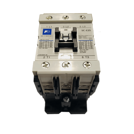 A close-up of the IWT Fusion Contactor - 9-SCE2S24VAC, labeled SC-E2S, displays front panel terminal screws, input/output labels, and technical specs. The device is isolated on a transparent background.