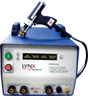 The IWT LYNX Fusion 600 (3/8” Capacity) - 1-IWT500055F600 is a blue and white welder with a digital display, labeled controls, and ports. A handheld welding gun rests on top. It’s ideal for heavy gauge steels, with instructions printed on the front panel.