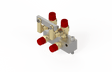 Bug-O QUICK-ACTING MANIFOLD GOF-3025 welding tool with 4 brass valves, red caps, silver base, and upright brackets.