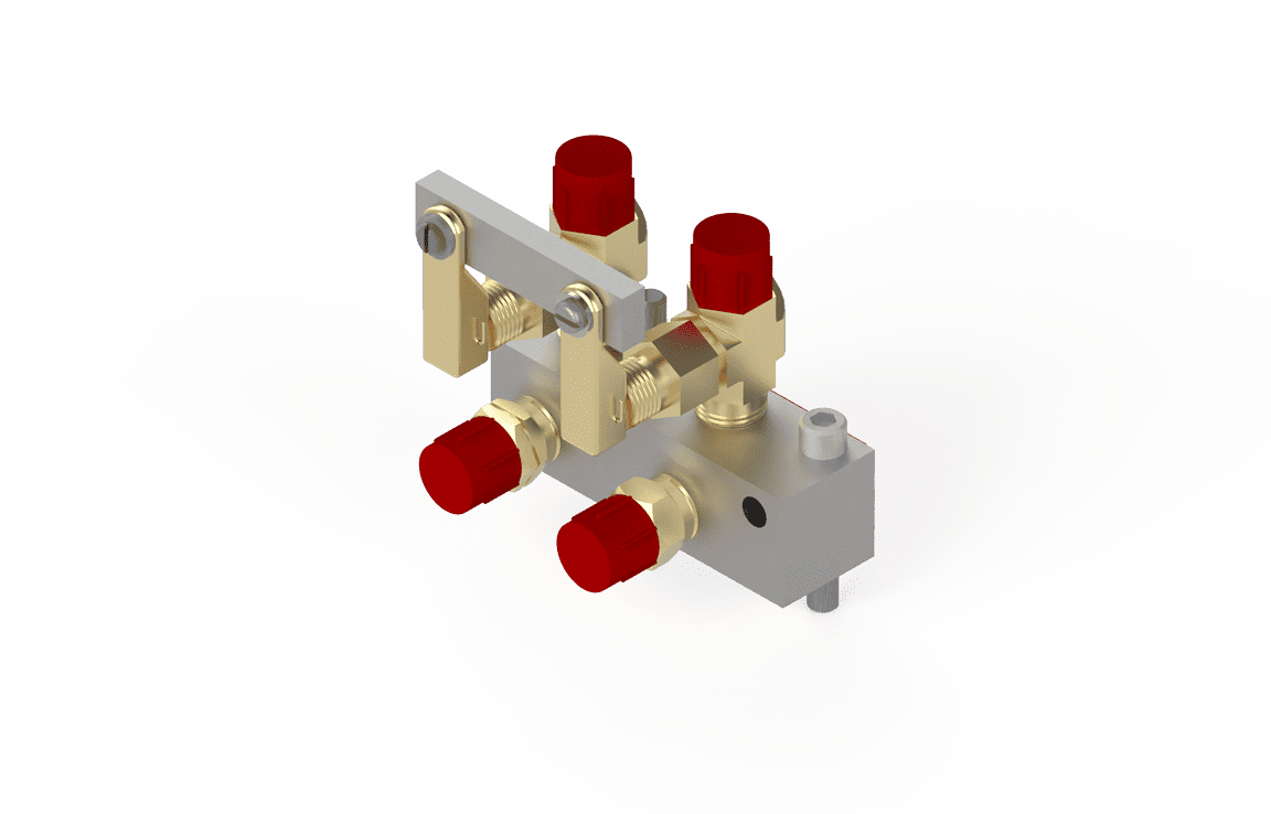 Bug-O QUICK-ACTING MANIFOLD GOF-3025 welding tool with 4 brass valves, red caps, silver base, and upright brackets.