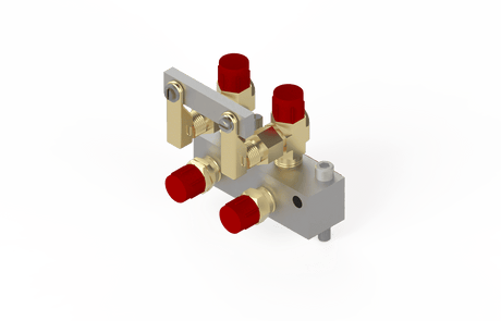 Bug-O QUICK-ACTING MANIFOLD GOF-3025 welding tool with 4 brass valves, red caps, silver base, and upright brackets.