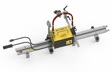 The Bug-O GOF-4000 GO-FER IV Track Cutting and Welding Carriage Kit 120V AC with rail, in yellow and silver, features power cables, guide rail, control panel, hose, and torch holder—ideal for automated horizontal welding or cutting.