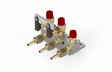 Bug-O 3-hose manifold assembly GOF-4025-3 for welding, with 3 brass ports, red caps, black levers, silver base on white.