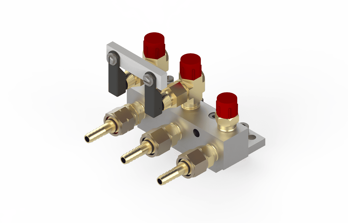 Bug-O 3-hose manifold assembly GOF-4025-3 for welding, with 3 brass ports, red caps, black levers, silver base on white.