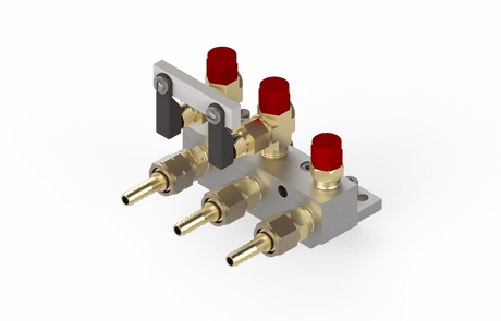 Bug-O 3-hose manifold assembly GOF-4025-3 for welding, with 3 brass ports, red caps, black levers, silver base on white.