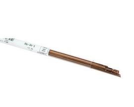 A tube of Harris 50N318L Safety-Silv® 50N Silver Brazing Alloy, 1/16 in (1.6 mm), 15 toz, features copper-colored rods with pointed ends and a white label showing text and barcodes, suitable for brazing applications.