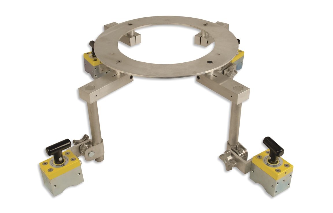 Bug-O HOB-O BLIND AREA KIT HOB-2080-MSQ welding fixture with 4 MAGSQUARE magnetic arms for holding round metal during welding.