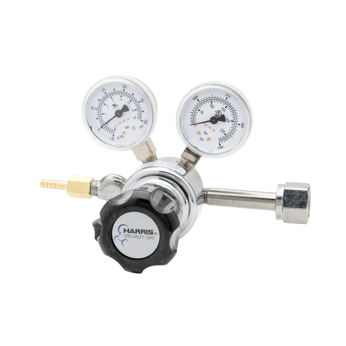 Harris 401C-050-320-A CO2 Regulator with dual gauges, brass/steel fittings, ideal welding gas regulator for cylinders.
