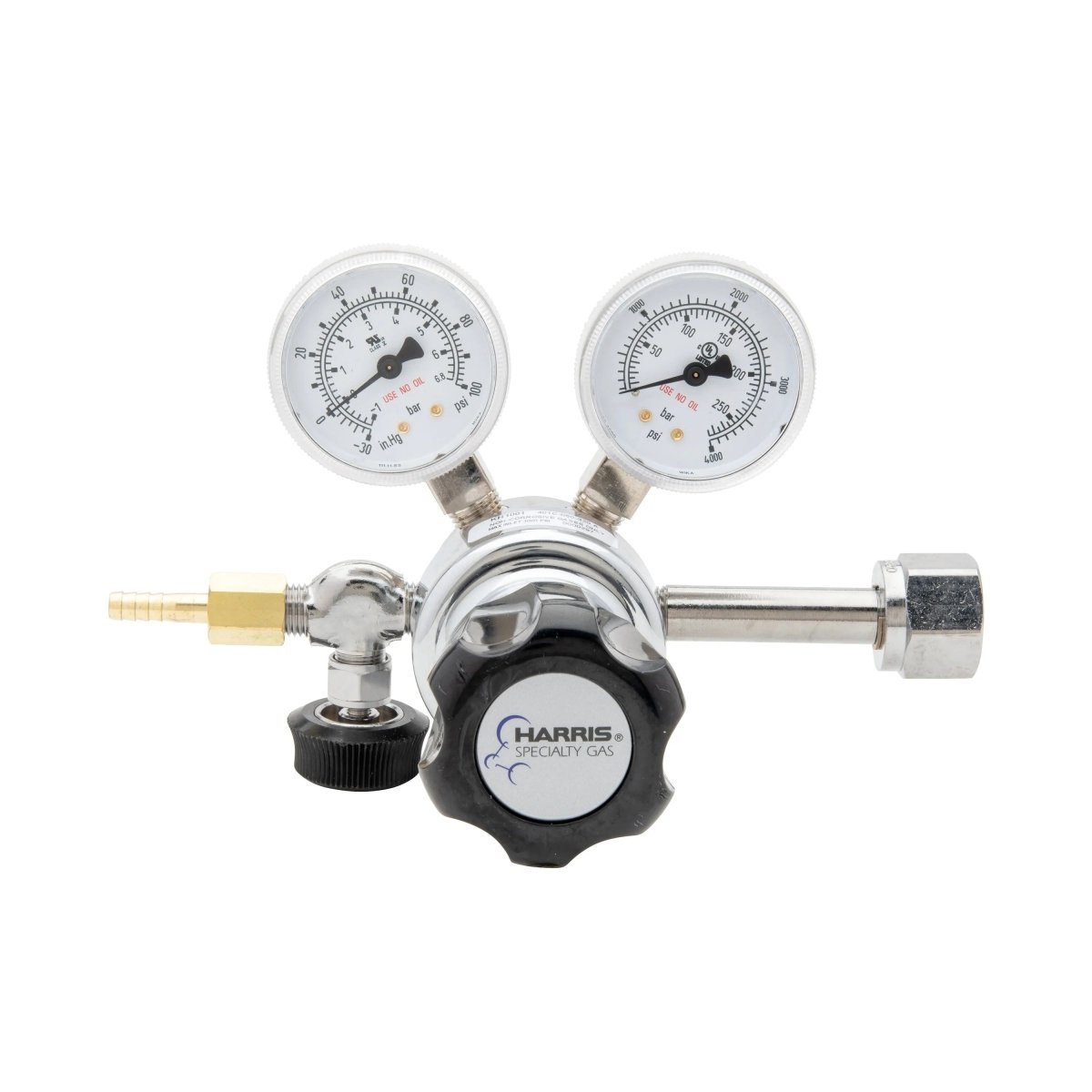 Harris 401C-050-320-A CO2 Regulator for welding, with dual pressure gauges, black "Harris" knob, and metal fittings.