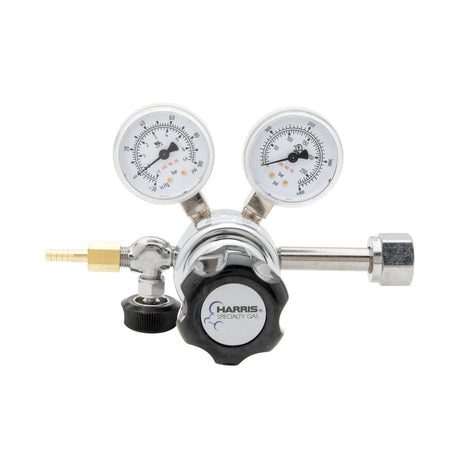 Harris 401C-050-320-A CO2 Regulator for welding, with dual pressure gauges, black "Harris" knob, and metal fittings.