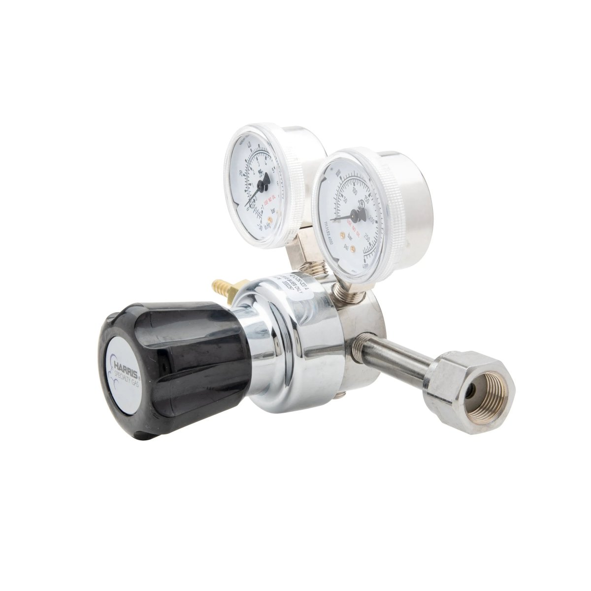 Harris 401C-050-320-A CO2 Regulator for welding, dual pressure gauges, black adjustment knob, metal connector, on white background.