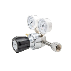 Harris 401C-050-320-A CO2 Regulator for welding, dual pressure gauges, black adjustment knob, metal connector, on white background.