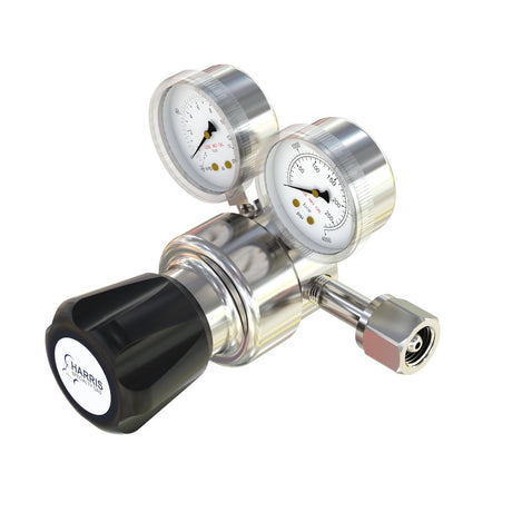 pressure regulator with two gauges on a white background