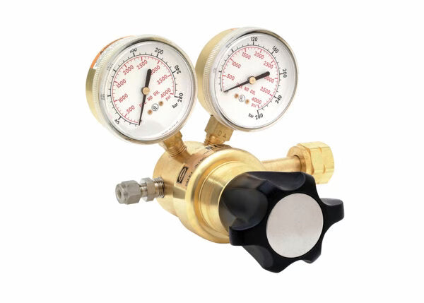 Harris HP8700-1500-540 Oxygen Regulator for welding, brass single-stage with dual psi/kPa gauges and black adjustment knob.