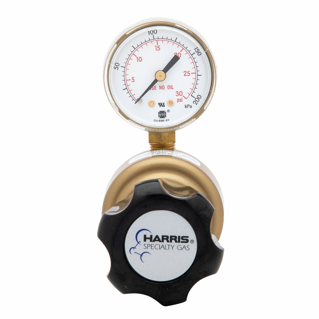Harris 403-015-000-D brass welding regulator with 200 PSI gauge, black star knob, Harris Specialty Gas, perfect for welding tools.