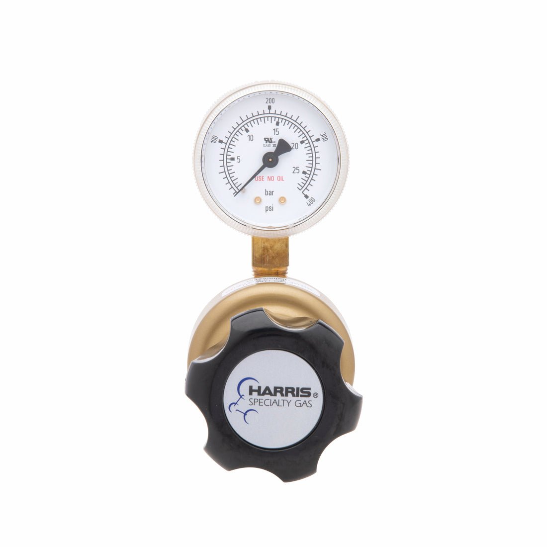 Harris 403-250-000-D Brass Regulator for welding, with psi/bar gauge, single stage body, and specialty gas knob.