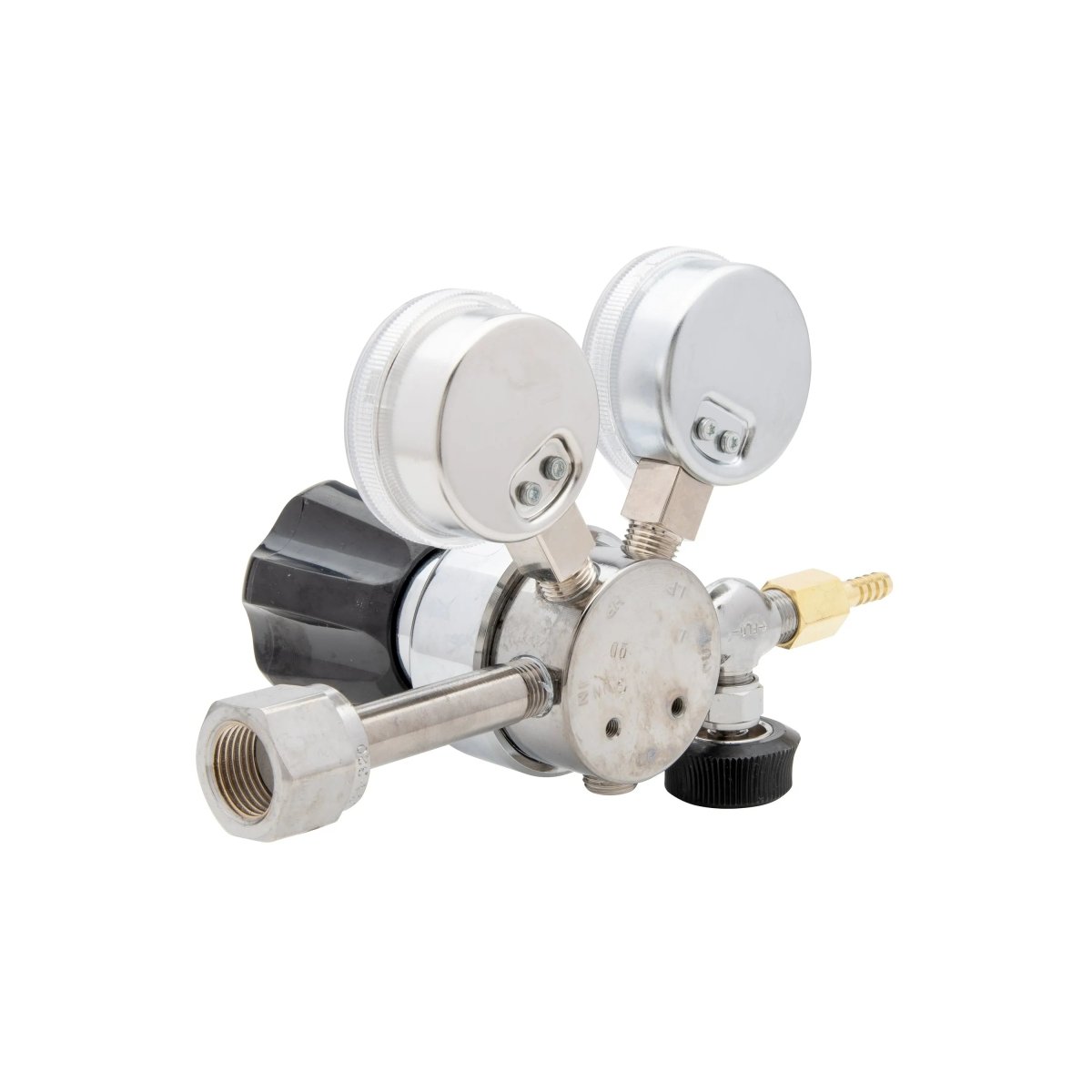 Harris 401C-015-320-A CO2 Regulator for welding, featuring dual gauges, black adjustment knob, and brass connector on white background.