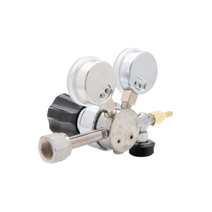 Harris 401C-015-320-A CO2 Regulator for welding, featuring dual gauges, black adjustment knob, and brass connector on white background.