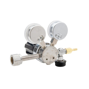 Harris 401C-015-320-A CO2 Regulator for welding, single-stage, dual gauges, brass fitting, black knob, on white background.