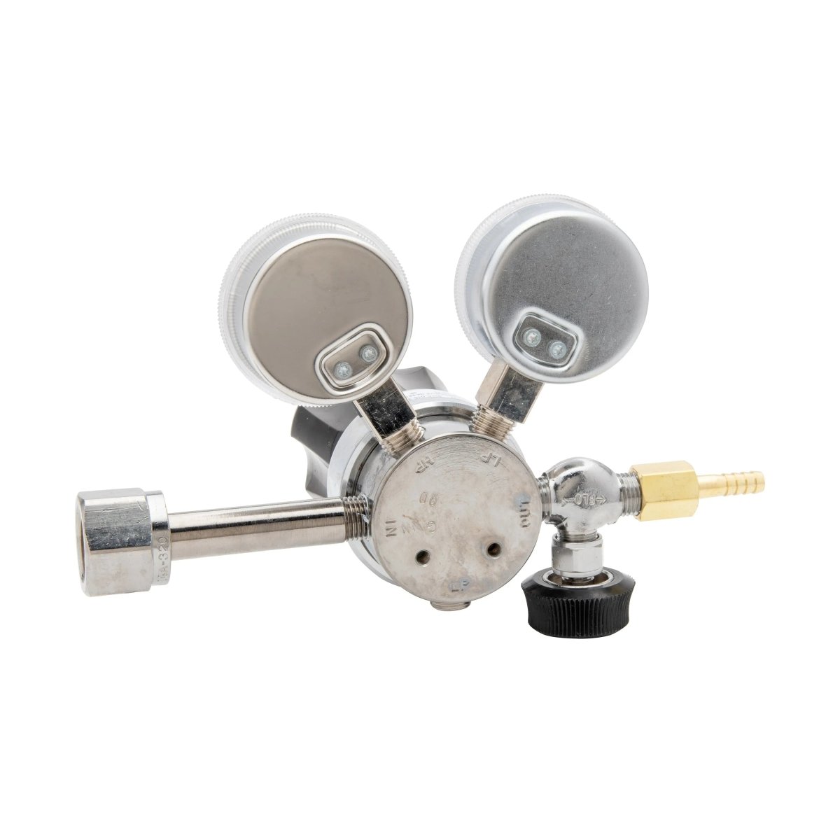 Harris 401C-015-320-A CO2 regulator for welding with dual gauges, black knob, brass fitting, and attachment nut for precise control.