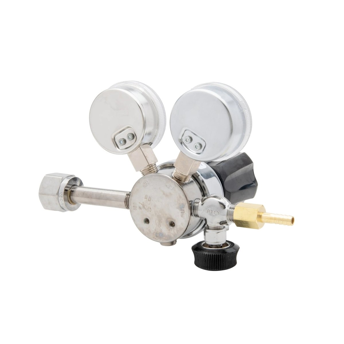 Harris 401C-015-320-A CO2 regulator for welding with dual gauges, large knob, brass fitting; durable and precise gas flow control.