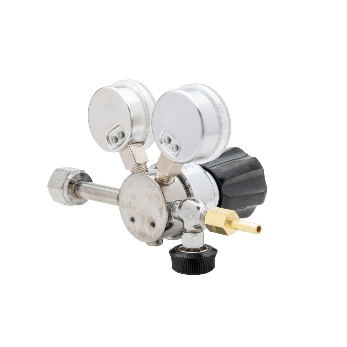 Harris 401C-015-320-A CO2 Regulator for welding, two gauges, black knob, brass nozzle, fitting, on white background.