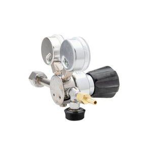 Harris 401C-015-320-A CO2 Regulator for welding features dual pressure gauges, black knob, connectors; on white background.