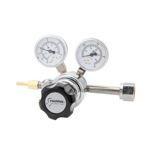 Harris 401C-015-320-A CO2 Regulator for welding, with dual gauges, black adjustment knob, and brass hose connector.