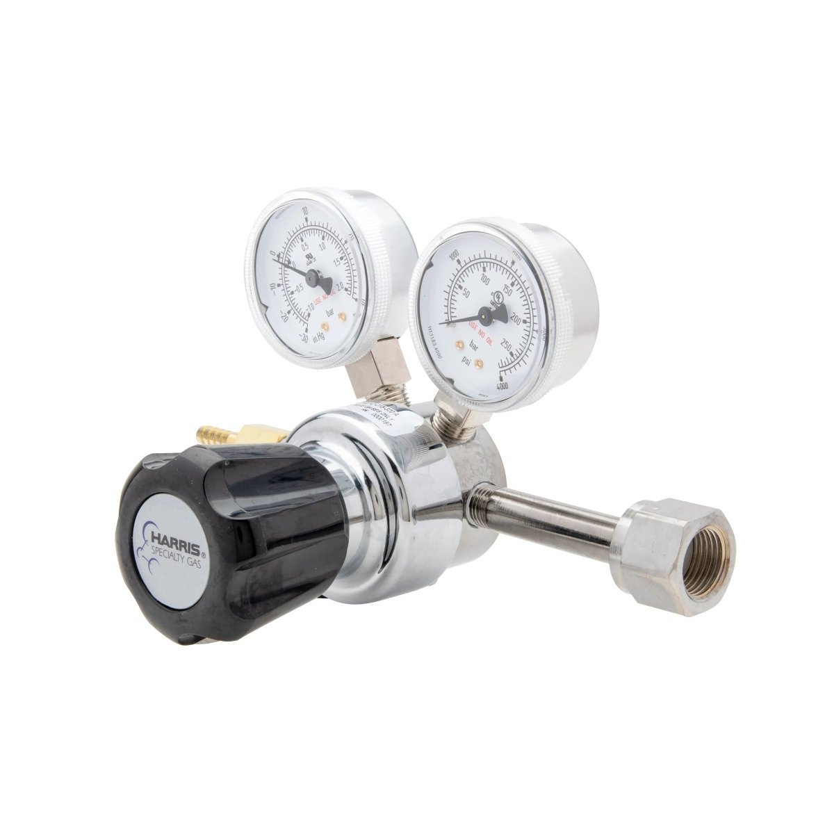 Harris 401C-015-320-A CO2 welding regulator with dual gauges, black knob, and connector—essential welding accessory on white background.
