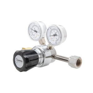 Harris 401C-015-320-A CO2 welding regulator with dual gauges, black knob, and connector—essential welding accessory on white background.