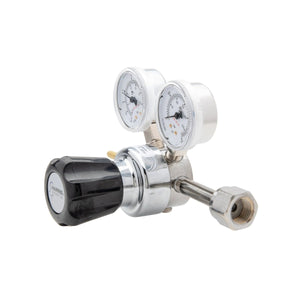 Harris 401C-015-320-A CO2 regulator for welding, with dual pressure gauges, black knob, and threaded connector on white background.