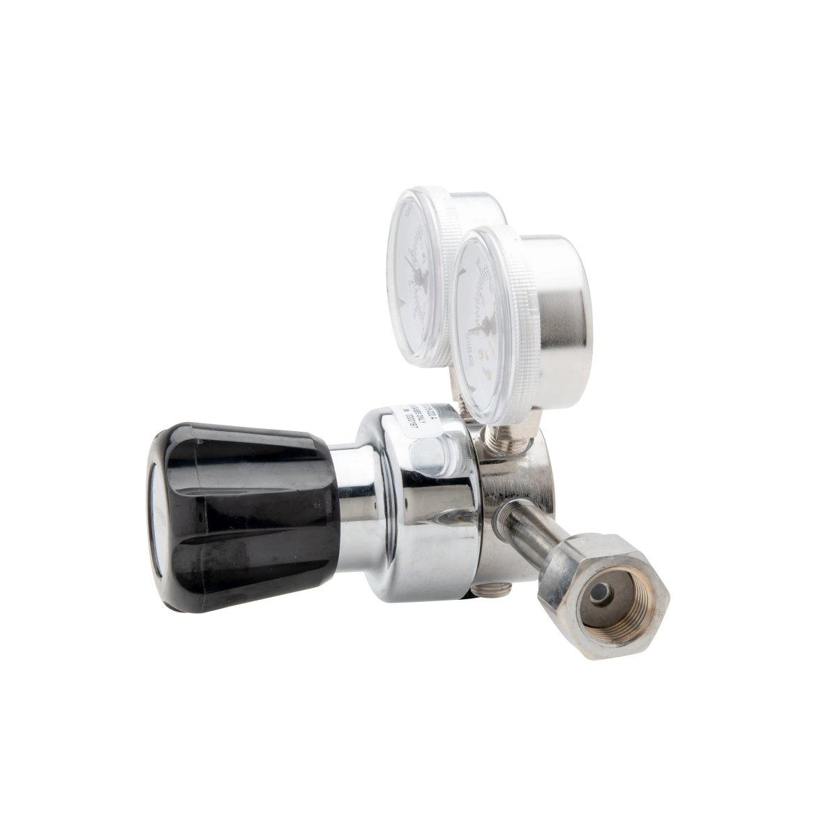 Harris 401C-015-320-A CO2 Regulator for welding, single-stage, dual gauges, threaded connector, black knob; on white background.