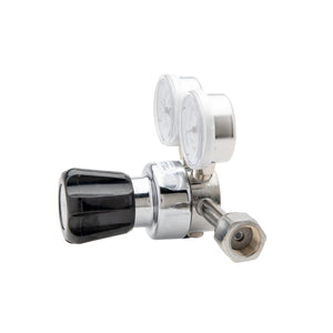 Harris 401C-015-320-A CO2 Regulator for welding, single-stage, dual gauges, threaded connector, black knob; on white background.