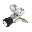 Metallic pressure regulator with two gauges on a white background