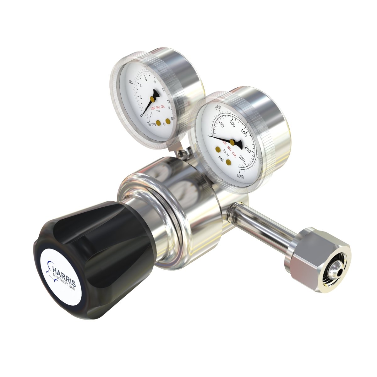 A close-up view of the Harris 701-050-346-D Air Regulator, featuring two pressure gauges, a black Harris knob, and a right-side connector fitting.