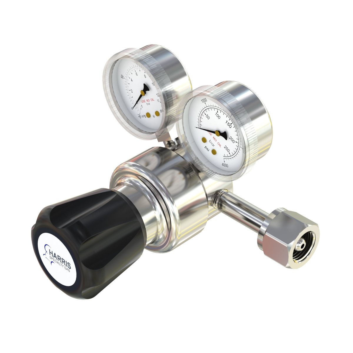 Metallic pressure regulator with two gauges on a white background