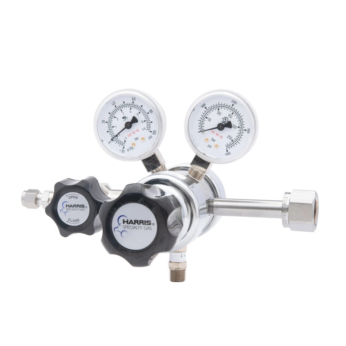 The Harris HP702-050-320-BE Carbon Dioxide Regulator features two gauges, labeled knobs, and a metallic body for precise control of gas flow and pressure.