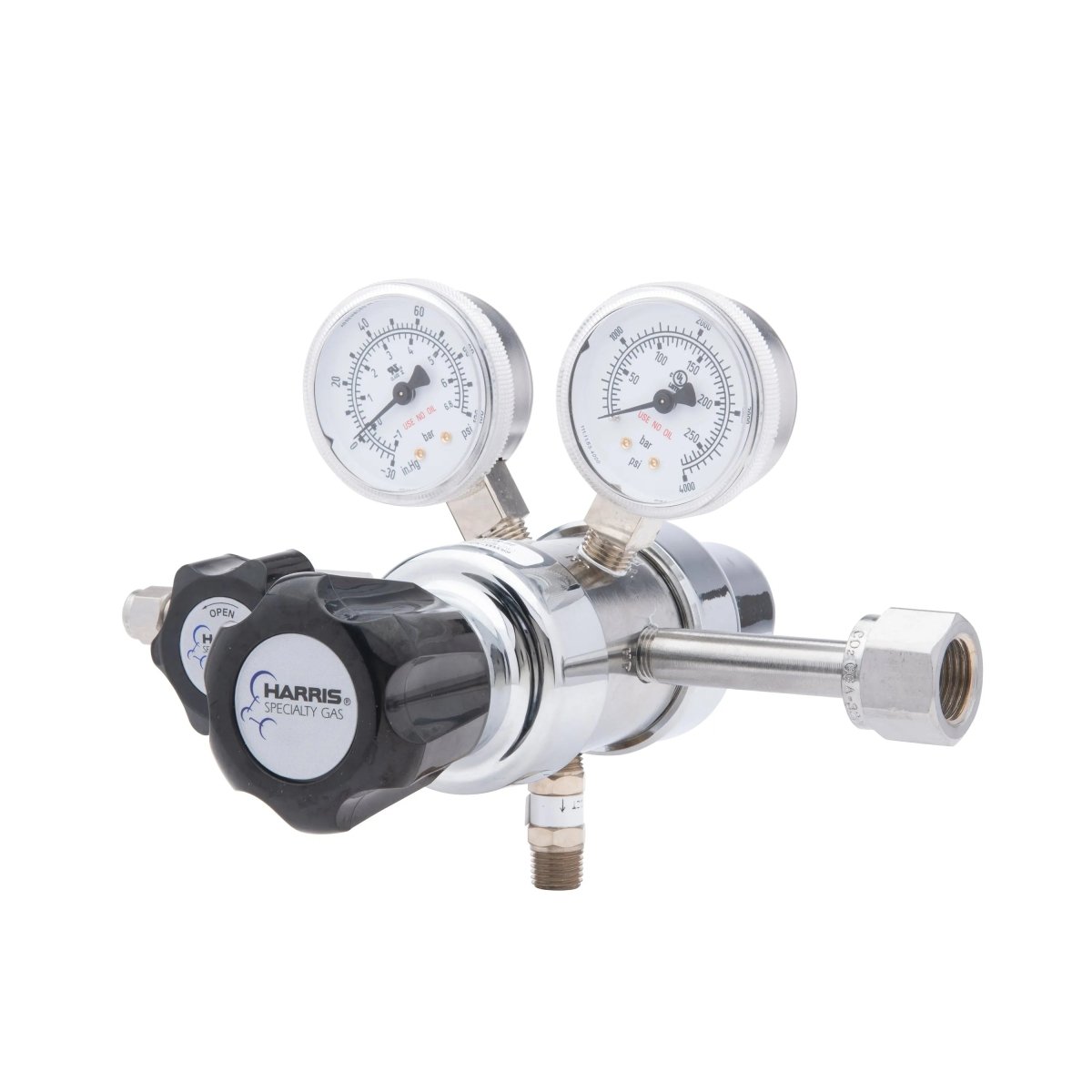 The Harris HP702-050-320-BE Carbon Dioxide Regulator is a stainless steel two-stage unit with dual pressure gauges, black adjustment knobs, and a metal connector for precise gas flow and pressure control.