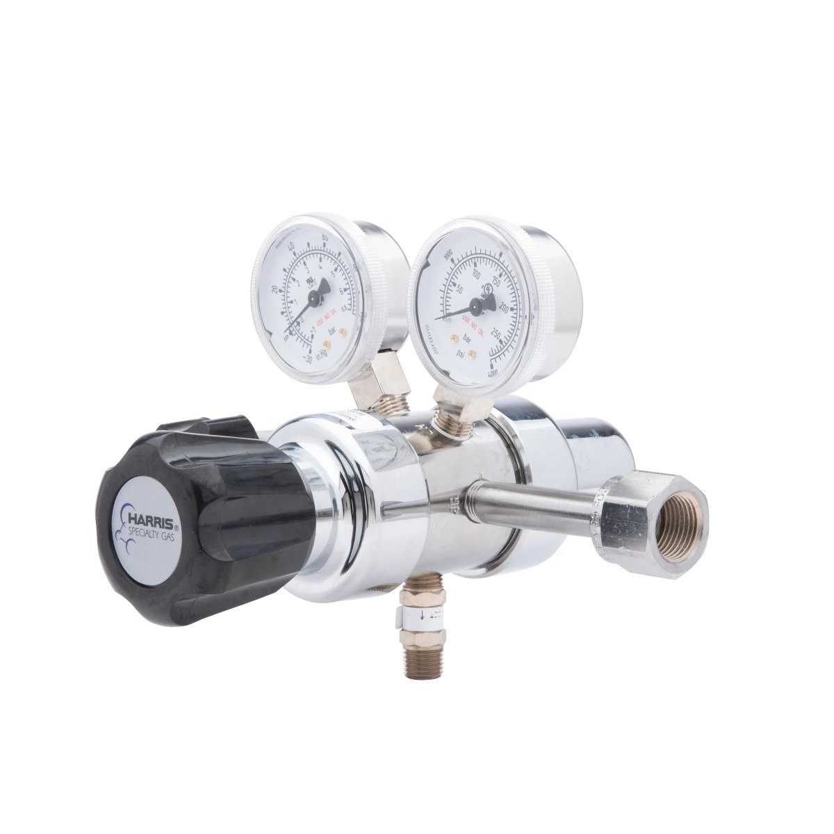 The Harris HP702-050-320-BE Carbon Dioxide Regulator features two pressure gauges, a large black HARRIS adjustment knob, and a threaded cylinder connector—ideal for high-purity laboratory CO2 applications.