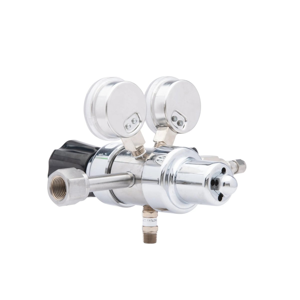 The Harris HP702-050-320-BE Carbon Dioxide Regulator features a shiny metallic two-stage cylinder design with dual pressure gauges, black adjustment knob, and various connectors and fittings, shown isolated on a white background.
