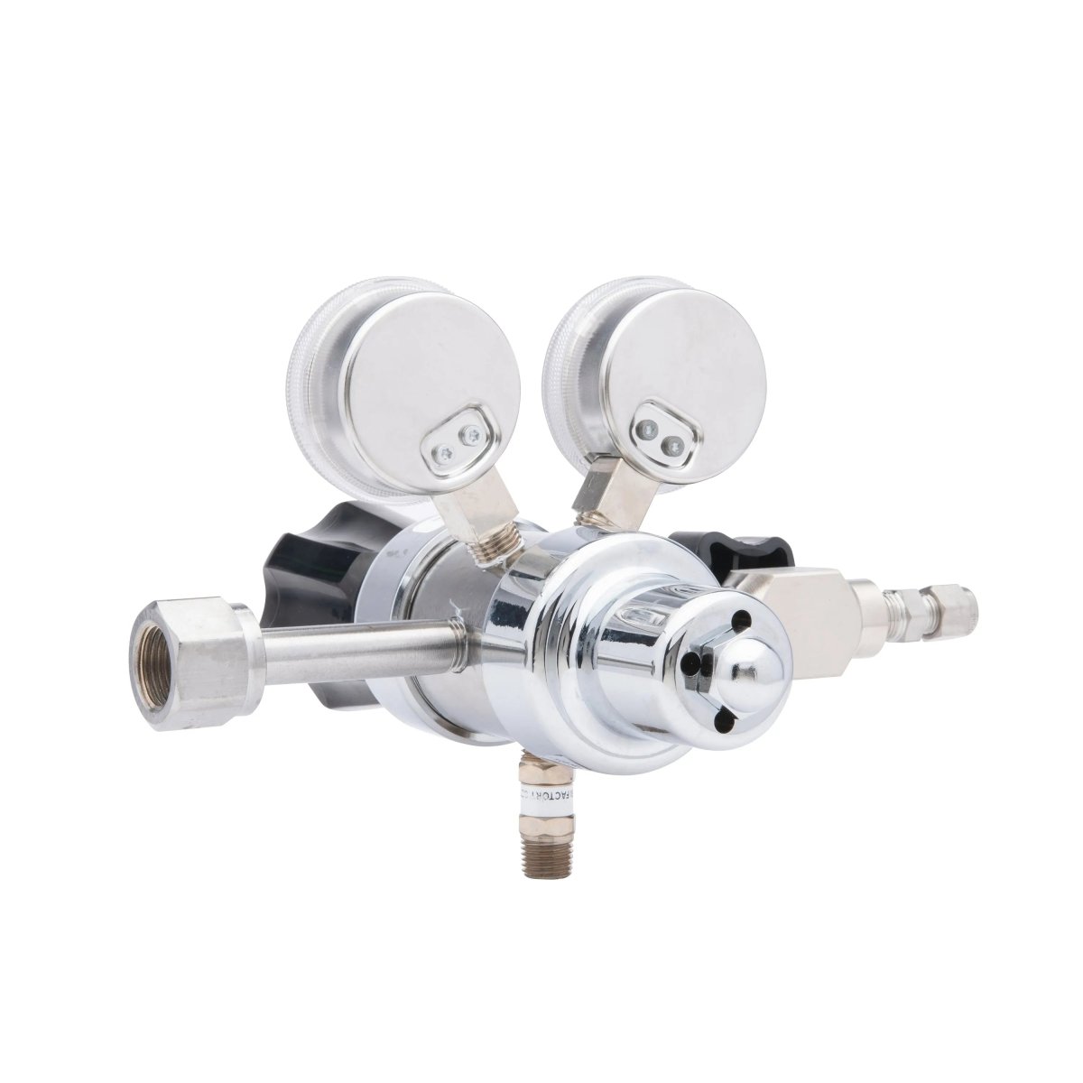 A close-up of the Harris HP702-050-320-BE Carbon Dioxide Regulator shows two pressure gauges, adjustment knobs, and multiple connectors, all set against a white background.