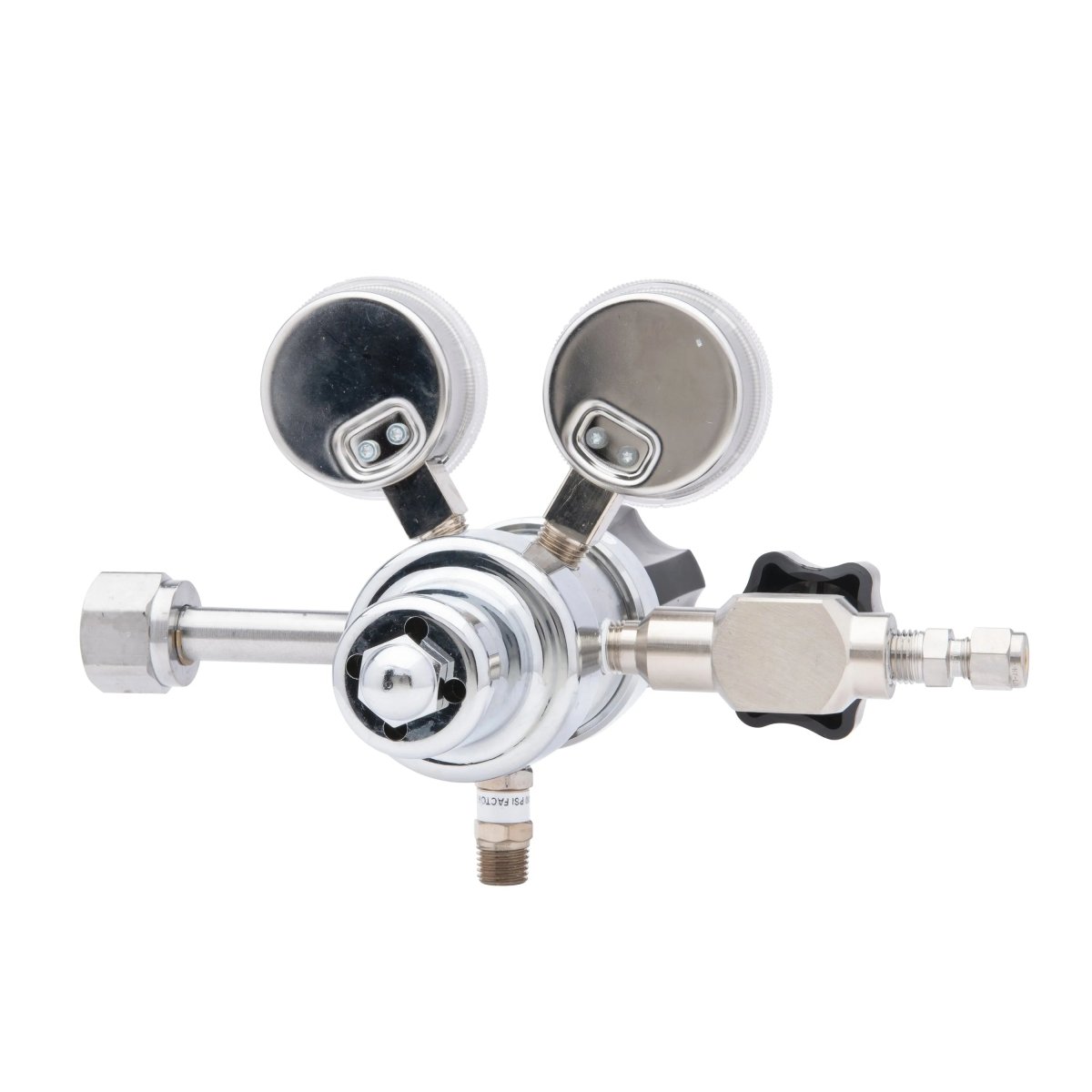 The Harris HP702-050-320-BE Carbon Dioxide Regulator features two round gauges, an adjustment knob, and multiple ports. Photographed on a white background, this high purity CO2 regulator ensures precise control for laboratory use.