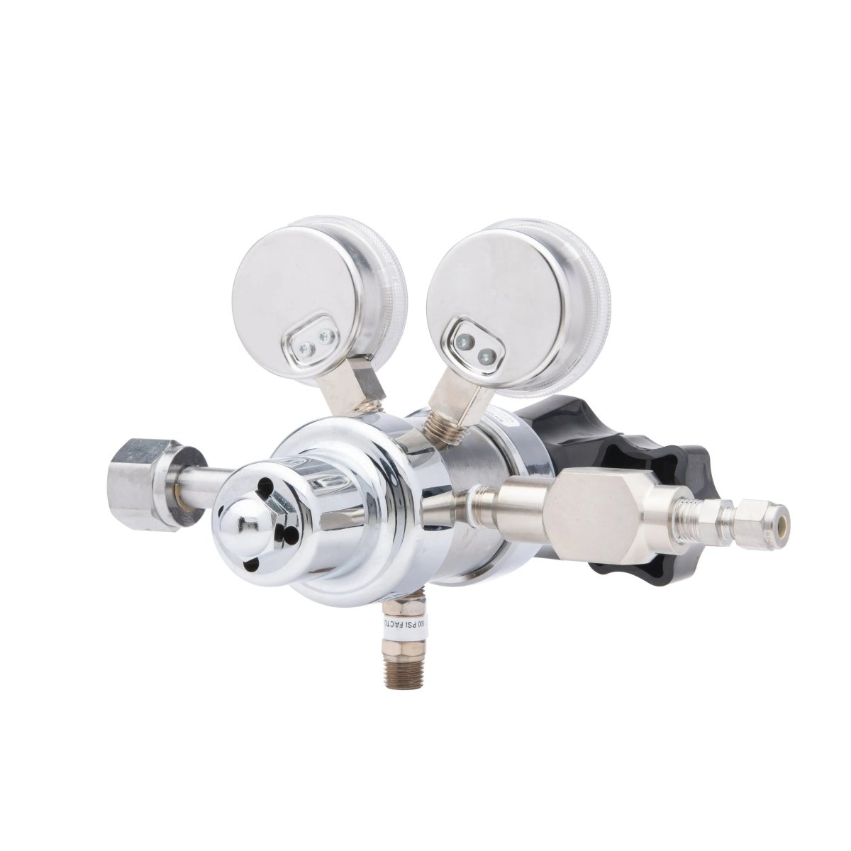 The Harris HP702-050-320-BE Carbon Dioxide Regulator features two round pressure gauges, an adjustment knob, and multiple connectors, shown isolated on a white background.