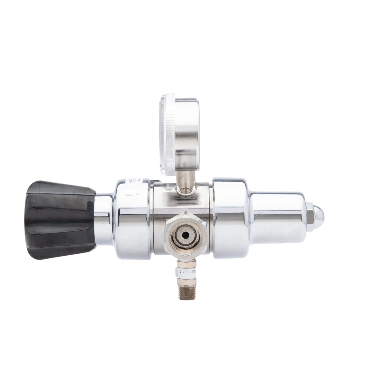 The Harris HP702-050-320-BE Carbon Dioxide Regulator is a two-stage metallic cylinder regulator with a black plastic knob, top pressure gauge, and side connector, ideal for lab CO2 applications. Shown on a white background.