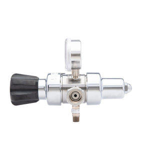 The Harris HP702-050-320-BE Carbon Dioxide Regulator is a two-stage metallic cylinder regulator with a black plastic knob, top pressure gauge, and side connector, ideal for lab CO2 applications. Shown on a white background.