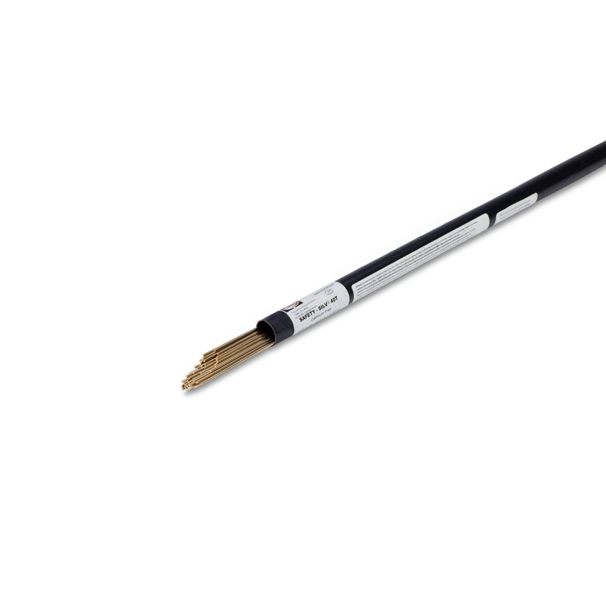 A black tube with a white label holds several Harris Safety-Silv 40T High Silver Brazing Alloy rods (3/32 x 36 in., 40T536L, 50 toz. tube) partially exposed at one end against a white background.