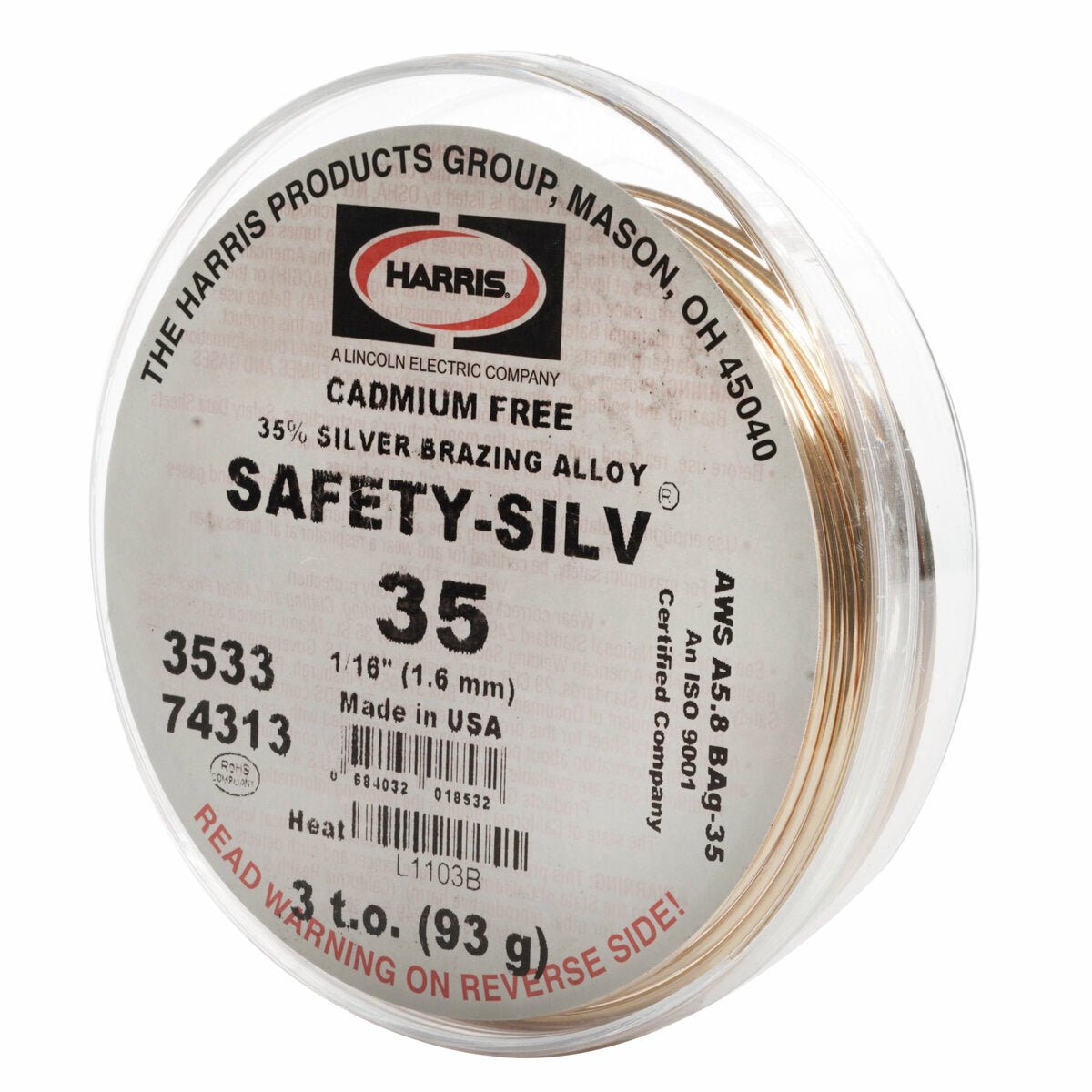 A clear plastic spool holds Harris Z35518 Safety-Silv 35 silver brazing alloy wire, 3/32 in (2.4 mm), cadmium-free, 300 toz coil/box, made in USA, with product and certification details on the label.